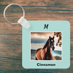 Chaveiro Foto de Cavalo Personalizada Azul Monograma