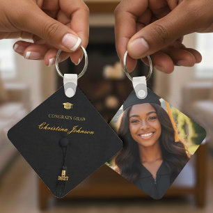 Chaveiro Foto de Formatura com Capelo Preto e Dourado