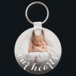 Chaveiro Foto do bebê personalizada<br><div class="desc">O telefone do seu bebê,  o nome e o texto "NOSSOS CORAÇÕES" estão representados neste chaveiro em texto branco chico. Crie por si mesmo ou dê a alguém que você ama. Mais designs na nossa coleção.</div>