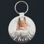 Chaveiro Foto do bebê personalizada<br><div class="desc">O telefone do seu bebê, o nome e o texto "NOSSOS CORAÇÕES" estão representados neste chaveiro em texto branco chico. Crie por si mesmo ou dê a alguém que você ama. Mais designs na nossa coleção.</div>