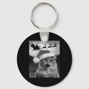 Chaveiro Foto Engraçada de Gato com Papai Noel Trenó de Nat