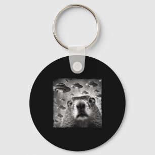 Chaveiro Foto engraçada de marmota com disco voador alieníg