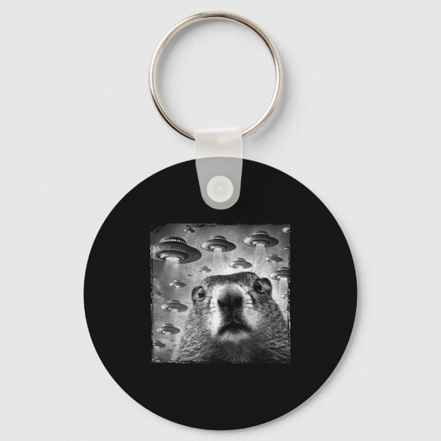 Chaveiro Foto engraçada de marmota com disco voador alieníg (Frente)