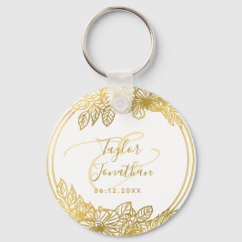 Chaveiro Foto Personalizada: Casamento Chic Dourado Flores 
