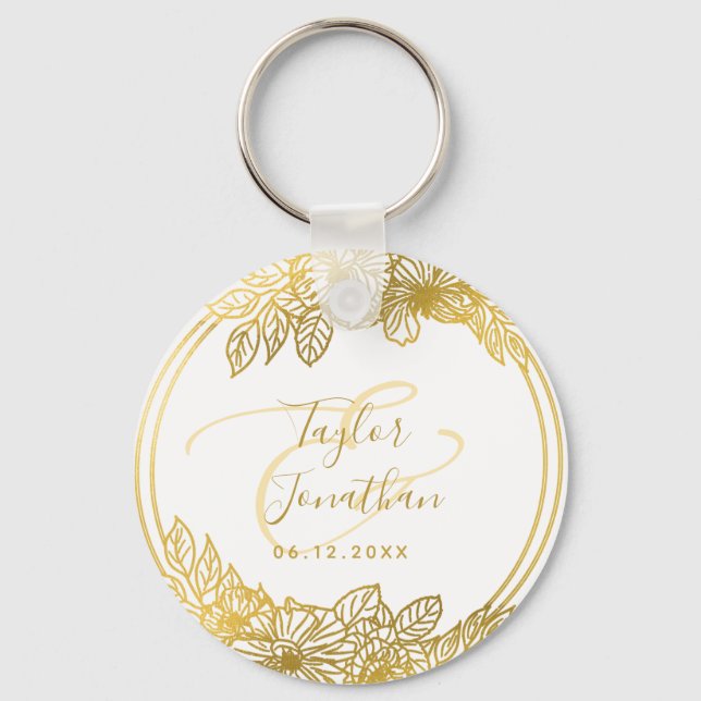 Chaveiro Foto Personalizada: Casamento Chic Dourado Flores  (Frente)