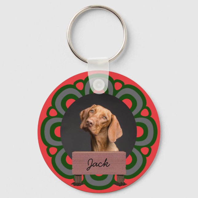 Chaveiro Foto personalizada de cachorro de Natal verde (Frente)