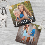 Chaveiro Foto Personalizada Dupla Face<br><div class="desc">Crie uma manutenção personalizada com esta chaveiro de fotos personalizada da família ou crianças, agora apresentando um doce design novo na frente. O layout inclui espaço para uma foto favorita com a palavra "família" escrita na parte inferior em uma fonte de script fluente, destacada por alguns pequenos detalhes cardíacos. Um...</div>