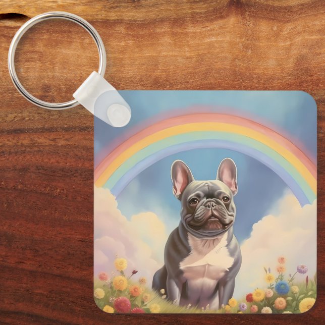 Chaveiro Francês Buldogue Custom Dog Name Rainbow Frenchie (Frente)