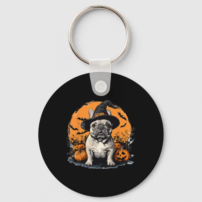 Chaveiro Francês Bulldog Frenchie Dog Whitch Hat Halloween  (Frente)