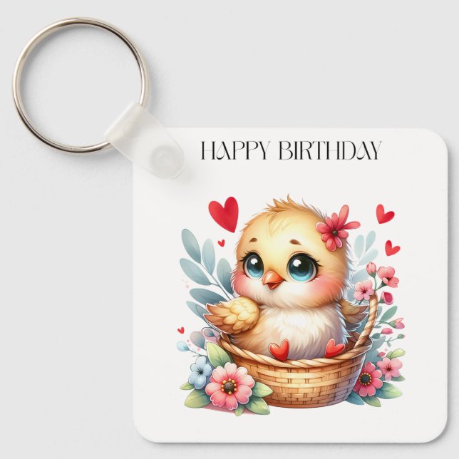 Chaveiro Frango de aniversário fofo. (Frente)