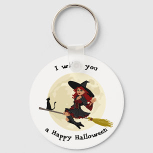 Chaveiro Friendly halloween witch on broom and black cat
