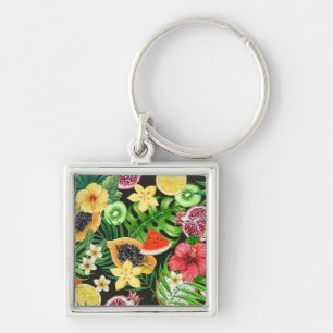 Chaveiro Frutas tropicais, flores e folhas a preto