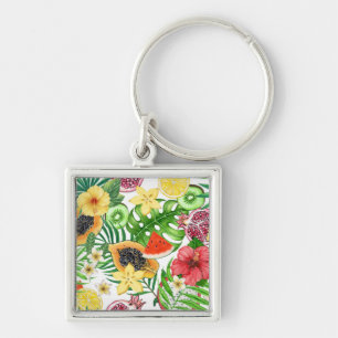 Chaveiro Frutas tropicais, flores e folhas em branco