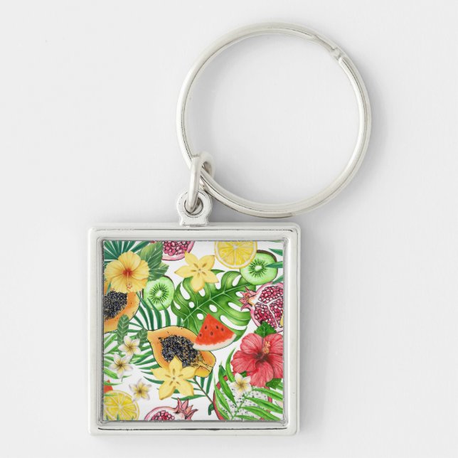 Chaveiro Frutas tropicais, flores e folhas em branco (Frente)