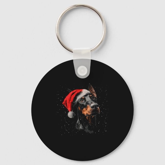 Chaveiro Fun Doberman Dog Christmas Lights Santa Hat Long S (Frente)