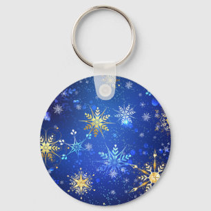 Chaveiro Fundo Azul XMAS com Flocos de Neve Ouro