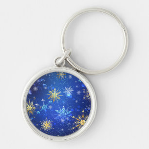 Chaveiro Fundo Azul XMAS com Flocos de Neve Ouro