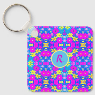 Chaveiro Fundo com padrão de flores rosa azul amarelo adici