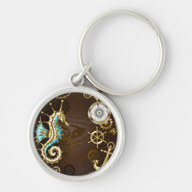 Chaveiro Fundo de madeira com cavalo de mar mecânico (Frente)