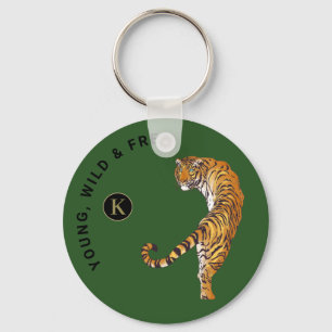 Chaveiro Fundo Verde do Monograma de Tigre Jovem, Selvagem