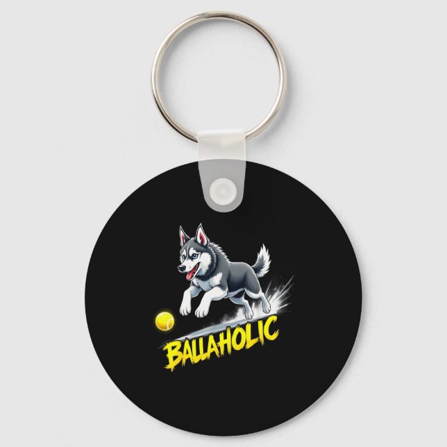 Chaveiro Funny Ballaholic Siberian Husky Dog Chasing Ball  (Frente)