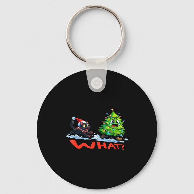 Chaveiro Funny Black Cat Chasing Christmas Tree Over Cat Wh (Frente)