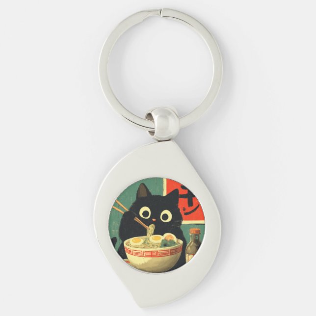 Chaveiro Funny Black Cat Eating Ramen (Frente)