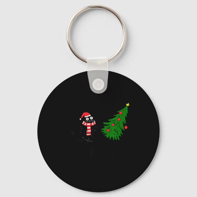 Chaveiro Funny Black Cat Gift Pushing Christmas Tree Over C (Frente)