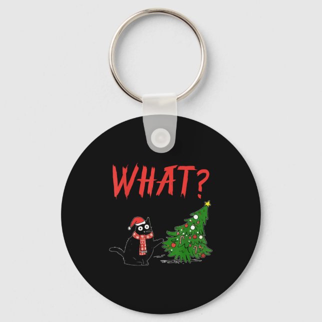 Chaveiro Funny Black Cat Gift Pushing Christmas Tree Over C (Frente)