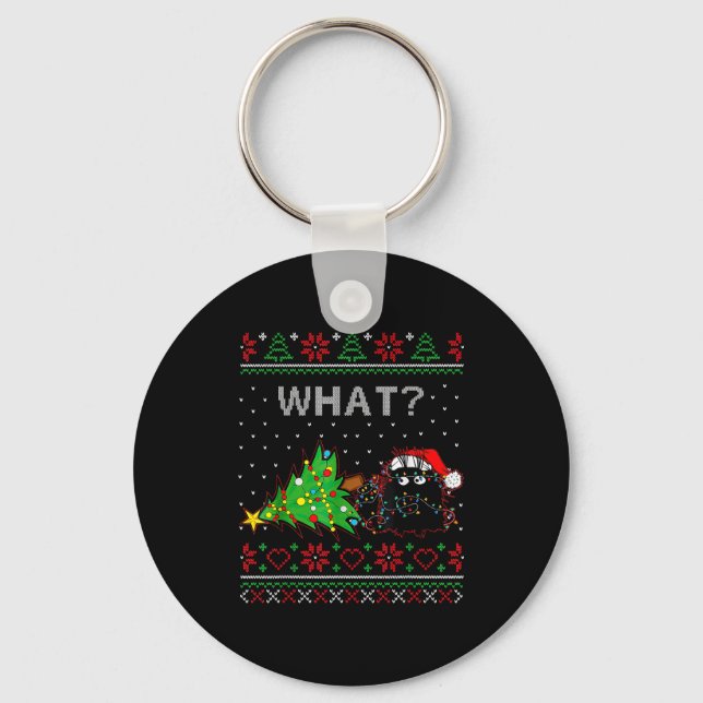 Chaveiro Funny Black Cat Gift Pushing Christmas Tree Over C (Frente)