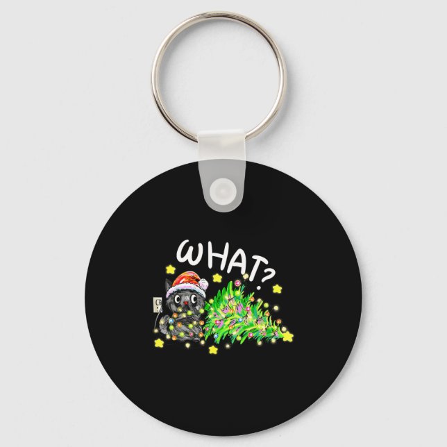 Chaveiro Funny Black Cat Gift Pushing Christmas Tree Over C (Frente)