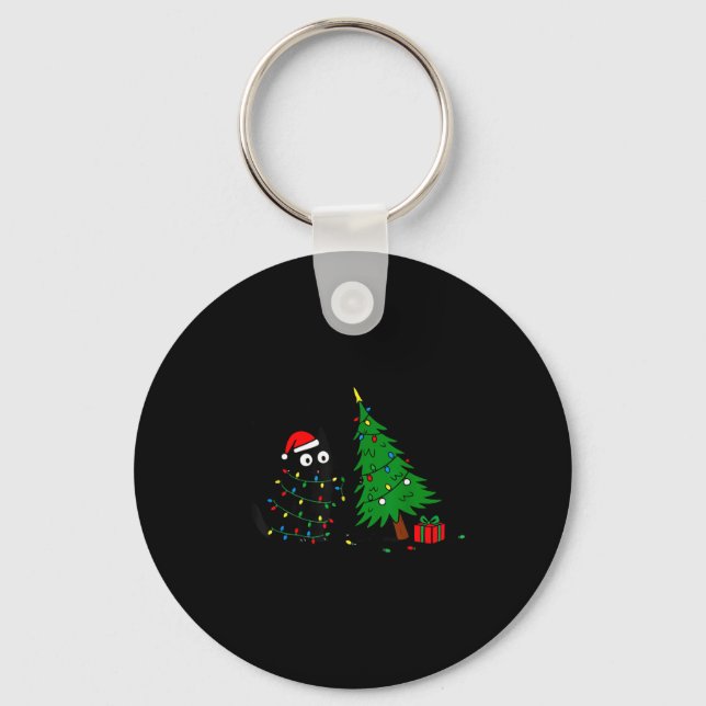 Chaveiro Funny Black Cat Pushing 67 Christmas Tree Over Cat (Frente)