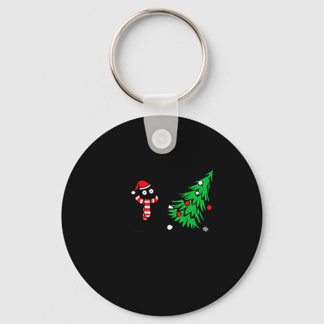 Chaveiro Funny Black Cat Pushing Christmas Tree Over Cat Wh (Frente)