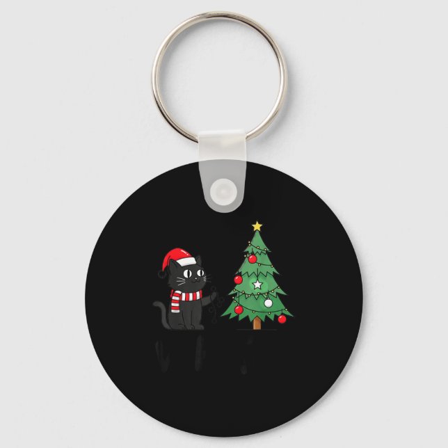Chaveiro Funny Black Cat Pushing Christmas Tree Over Cat Wh (Frente)