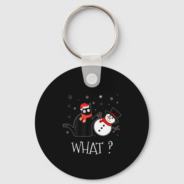 Chaveiro Funny Black Cat Pushing Snowman Christmas Winter C (Frente)