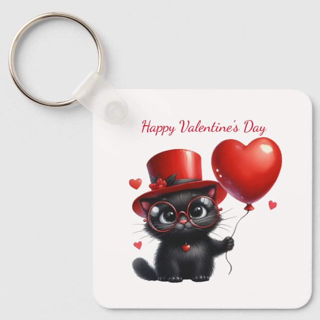 Chaveiro Funny Black Cat With Balloons Valentine's Day (Frente)