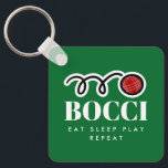 Chaveiro Funny bocci ball keychain gift for bocce player<br><div class="desc">Funny bocci ball keychain gift for bocce player. Personalize with your own custom text or humorous quote. Fun Birthday gift idea for friends and family who love playing bocci. The Italian bowling game, like bowls or boules. Eat Sleep Play Repeat! Add your own team or league name optionally. Green or...</div>