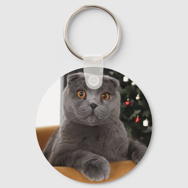 Chaveiro Funny British cat and christmas tree (Frente)