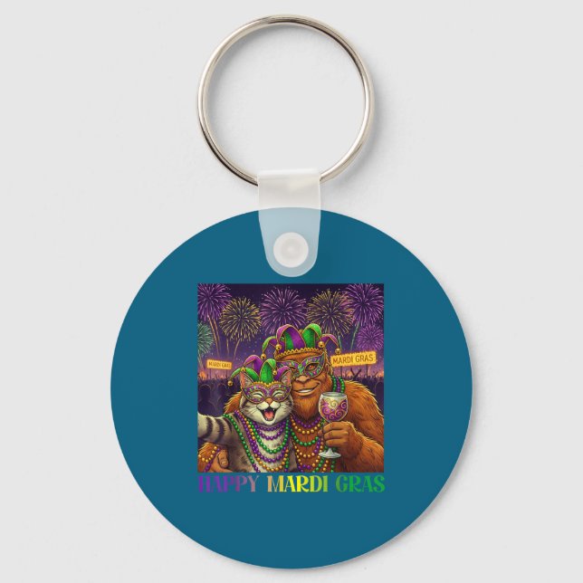 Chaveiro Funny Cat Bigfoot Selfie Mardi Gras Carnival Party (Frente)