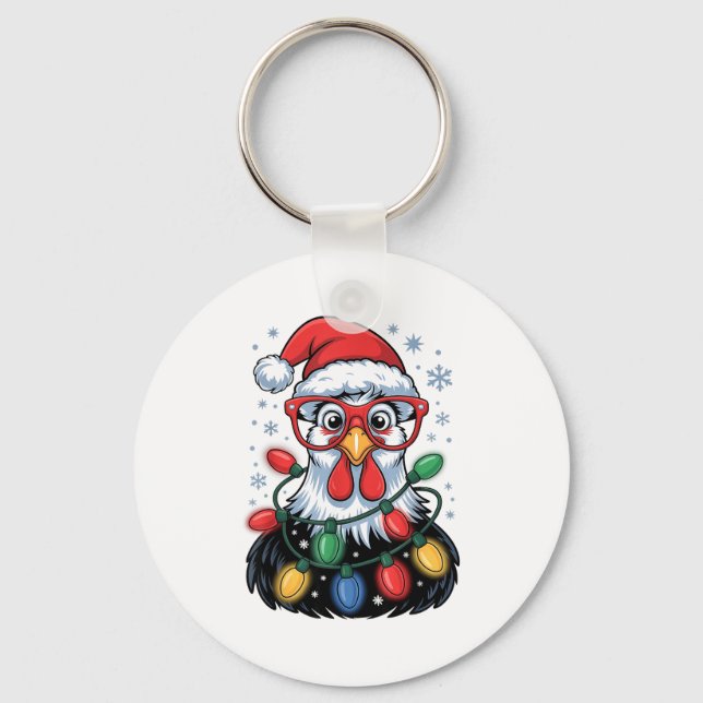 Chaveiro Funny Chicken Christmas Tree Lights Santa Hat Xmas (Frente)