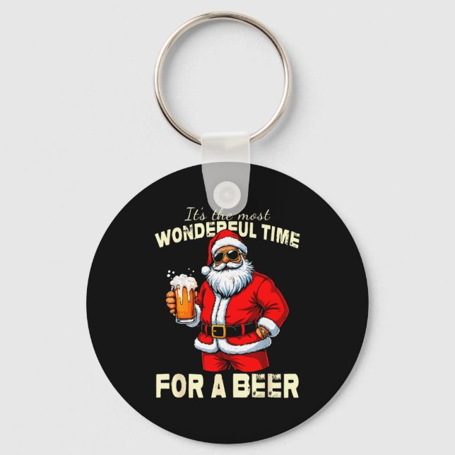 Chaveiro Funny Christmas Santa Drinking Beer Wonderful Time (Frente)