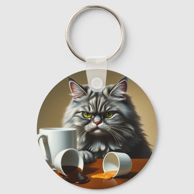 Chaveiro Funny Disappointed Cat With Coffee Mug (Frente)