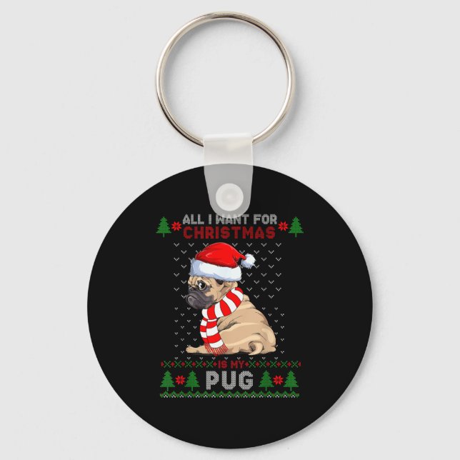 Chaveiro Funny Dog Lovers Cute Pug Santa Hat Ugly Christmas (Frente)