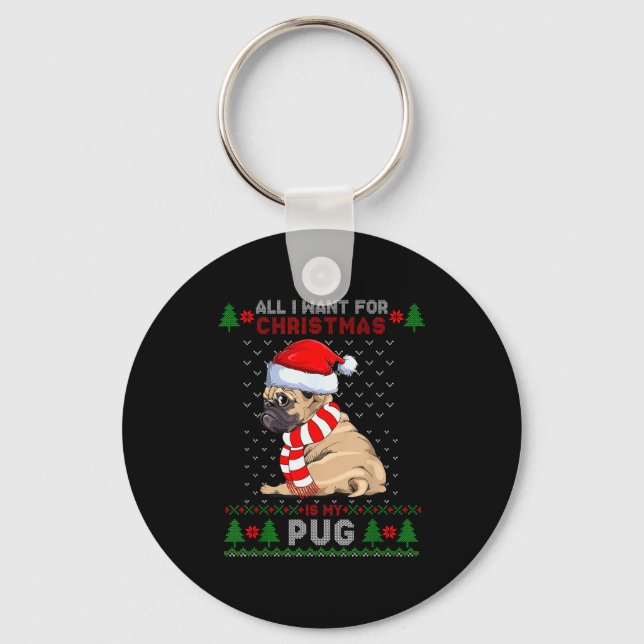Chaveiro Funny Dog Lovers Cute Pug Santa Hat Ugly Christmas (Frente)