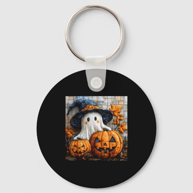 Chaveiro Funny Ghost Pumpkin Cute Halloween Patchwork Art  (Frente)