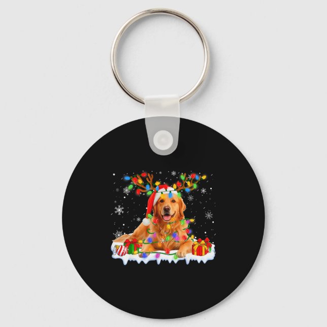 Chaveiro Funny Golden Retriever Christmas Santa Hat Reindee (Frente)