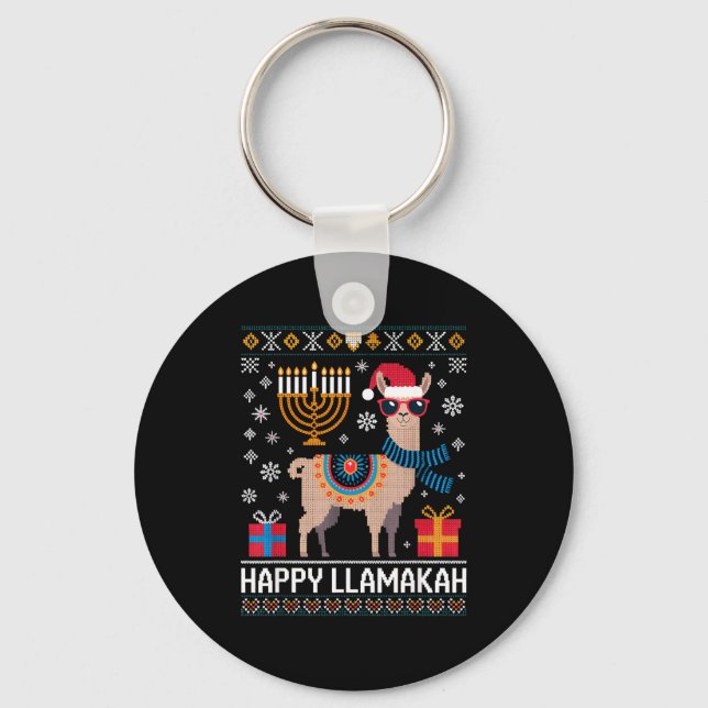 Chaveiro Funny Happy Llamakah Llama With Menorah  (Frente)