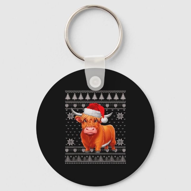 Chaveiro Funny Highland Cow Ugly Christmas Sweater Santa Xm (Frente)