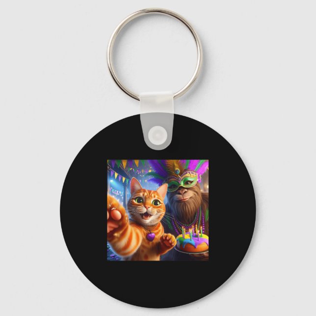 Chaveiro Funny Mardi Gras Selfie Cat Bigfoot Quote _2  (Frente)