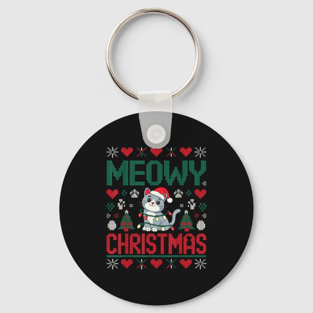 Chaveiro Funny Meowy Christmas Ugly Xmas Cute Lights Cat Sa (Frente)